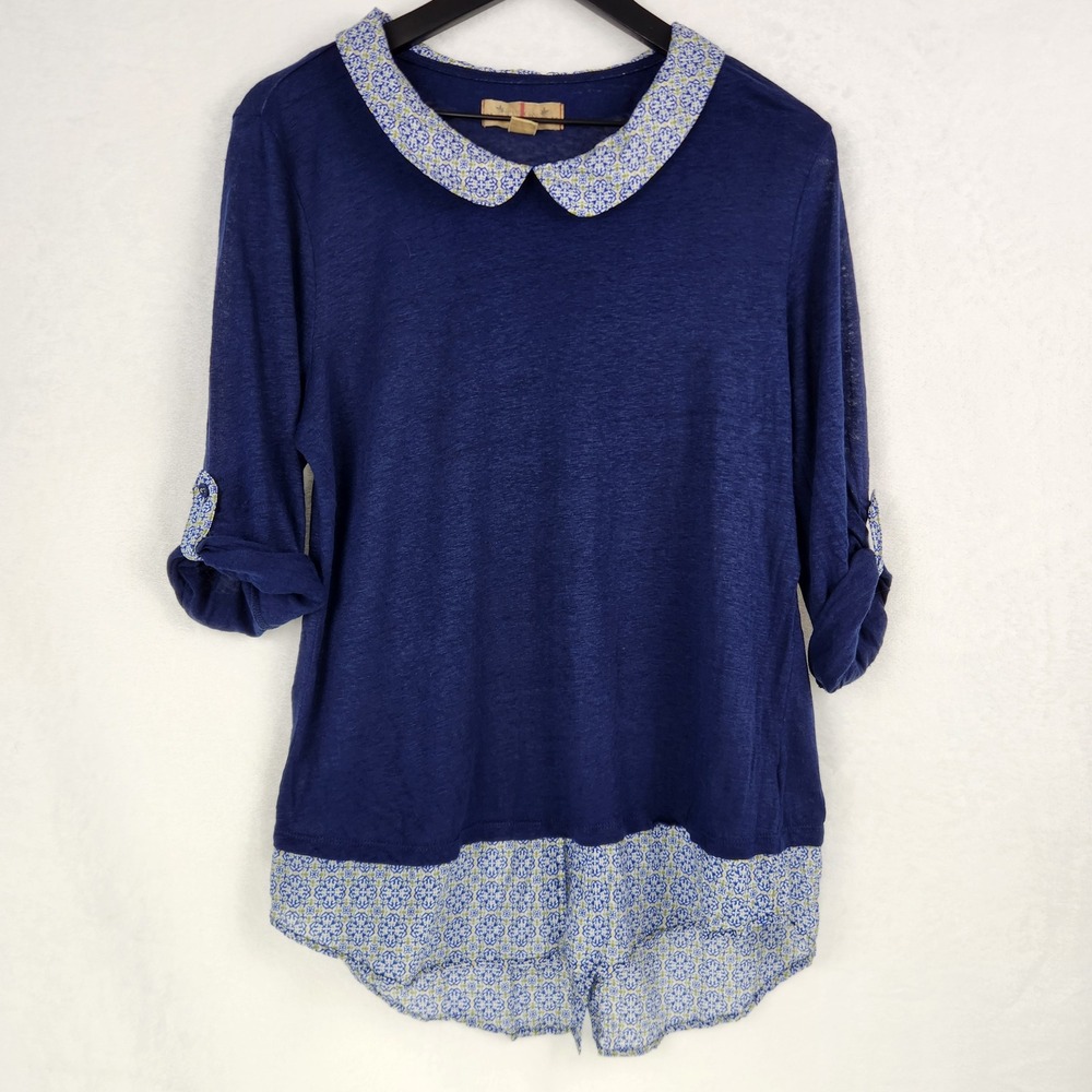 Anthropologie Twig & Perch 100% Linen Top Womens XL Navy Peter Pan Collar Prep